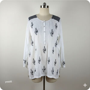 Bhairvis Chikan White Black Embroidered Cotton Tunic Top Plus Size XXL